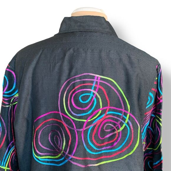 NDS Woman Silk Blend Button-Up Shirt Jacket Oversized Black Embroidered Plus 1X - Picture 6 of 9